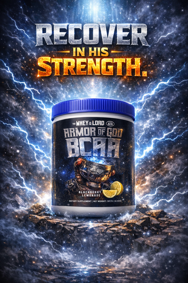 Supplement container with 'Armor of God BCAA' on a cosmic background with text 'Recover in His Strength'.