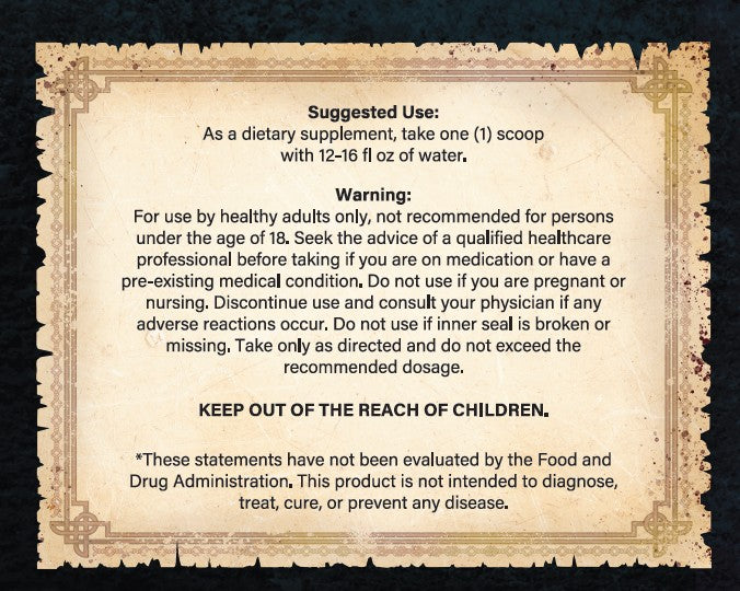 Product label with suggested use and warning text on a textured background