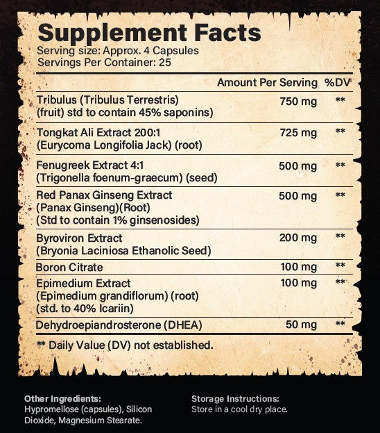 Supplement facts label with various herbal extracts and their amounts per serving.