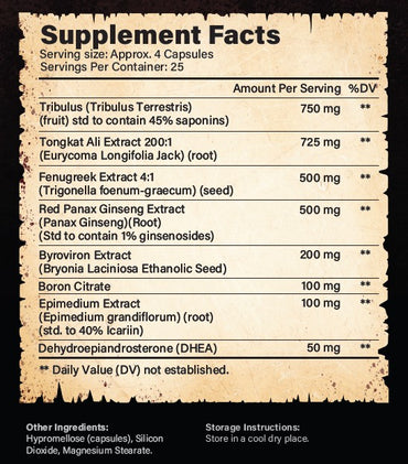 Supplement facts label with various herbal extracts and their amounts per serving.